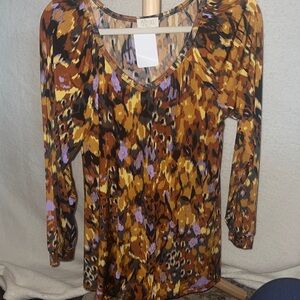 Be Stage Vibrant Long Sleeve Top with Orange and Purple Pattern